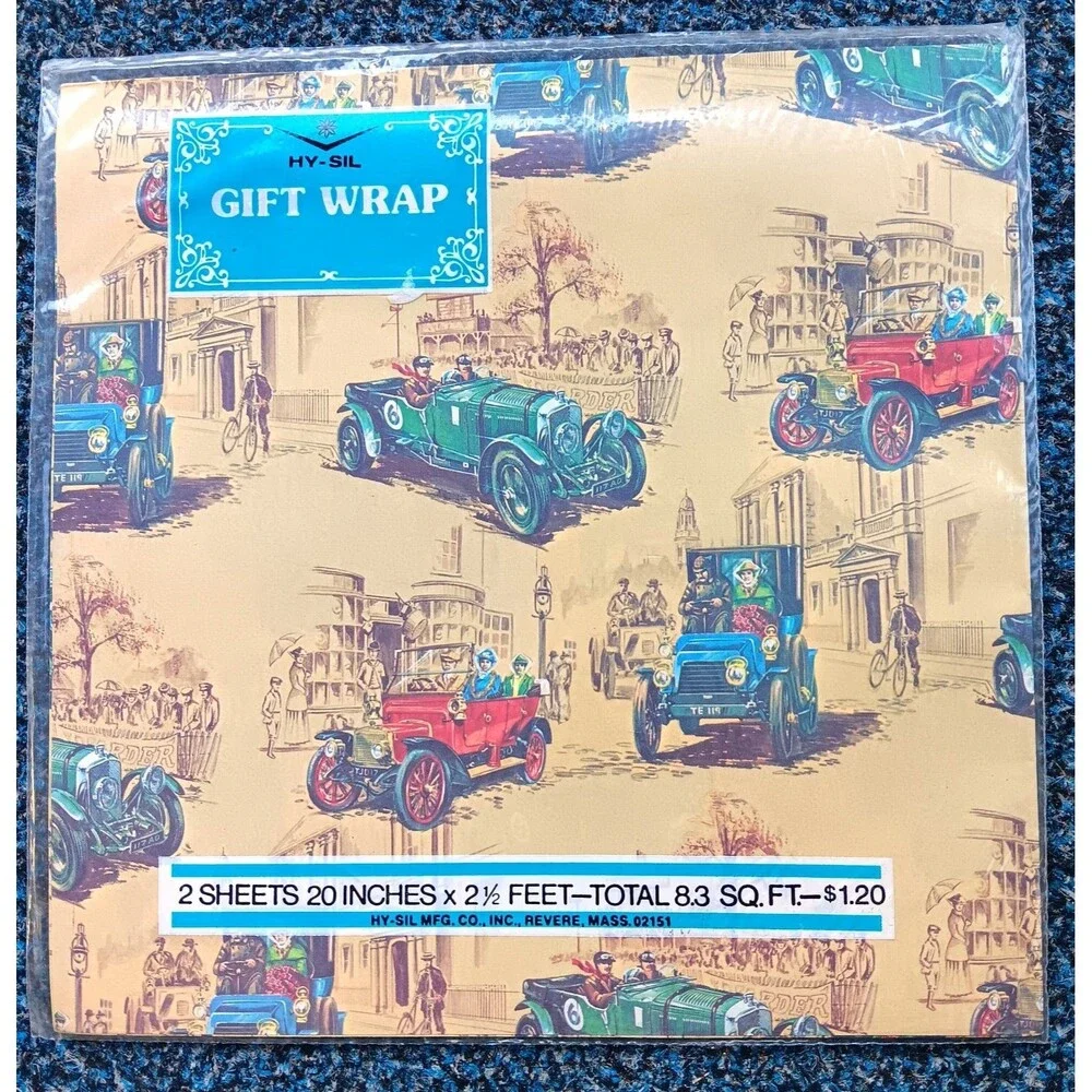 Vintage Hy-Sil Gift Wrap Wrapping Paper Antique Cars Birthday 2 Sheets 20x30